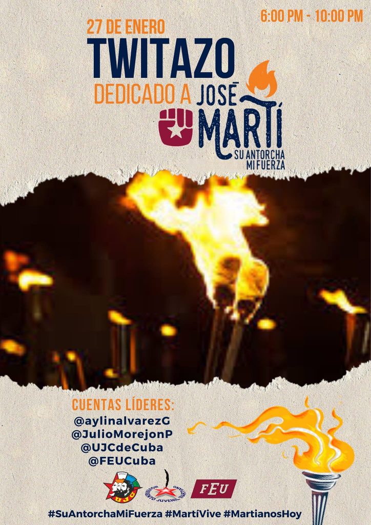 Hoy se realizará la Marcha de las Antorchas. Este 27 de enero también habrá un gran twitazo en saludo al aniversario 170 del natalicio del Apóstol. <a href="https://twitter.com/hashtag/SuAntorchaMiFuerza?src=hashtag_click">#SuAntorchaMiFuerza</a> <a href="https://twitter.com/hashtag/Cuba?src=hashtag_click">#Cuba</a>