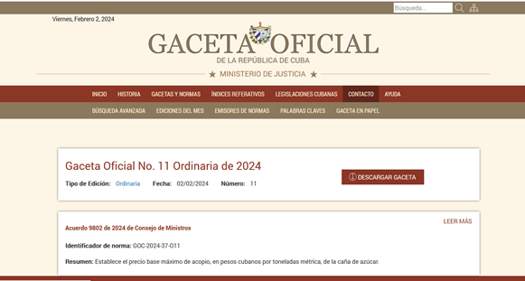 Publicación en Gaceta Oficial de la República No. 11 del 2 de febrero de 2024.  Precio base máximo de Acopio de la caña de azúcar para la zafra 2023-2024.